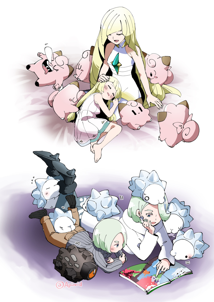 1boy 3girls absurdres aged_down akanboh artist_name bare_arms barefoot black_footwear blonde_hair blush book boots brown_pants character_doll clefairy closed_eyes commentary_request dress earrings gordie_(pokemon) green_hair grey_sweater highres jewelry lillie_(pokemon) long_hair long_sleeves lusamine_(pokemon) lying melony_(pokemon) mother_and_daughter mother_and_son multiple_girls nail_polish nose_bubble o_o on_head on_stomach pants pokemon pokemon_(creature) pokemon_on_head pokemon_pocket_monsters pokemon_sm pokemon_swsh ribbed_legwear ribbed_sweater rolycoly sleeping snom socks sweatdrop sweater toes white_dress