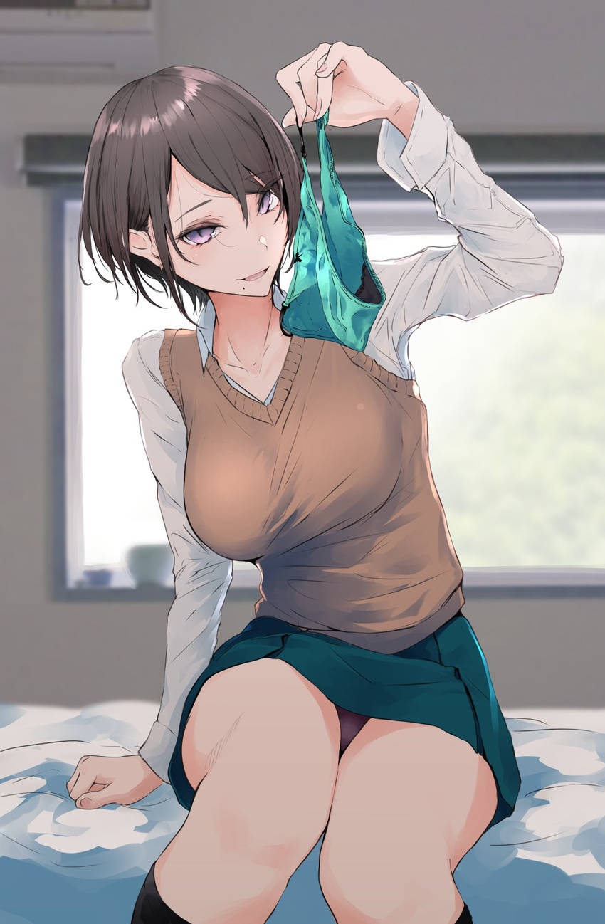 akiyama_cz4a bed bedroom breasts brown_hair female green_panties highres holding holding_clothes holding_panties holding_underwear large_breasts original panties short_hair sitting skirt solo sweater_vest underwear window