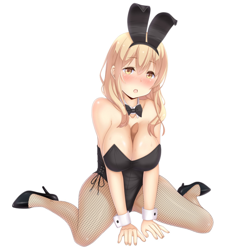 absurdres animal_ears between_breasts black_bow black_bowtie black_leotard blonde_hair bow bowtie breasts commentary_request detached_collar fake_animal_ears female fishnet_pantyhose fishnets highres large_breasts leotard long_hair looking_at_viewer pantyhose playboy_bunny rabbit_ears sainohikari sexually_suggestive simple_background sitting solo sunohara_ayaka sunoharasou_no_kanrinin-san wariza white_background wrist_cuffs