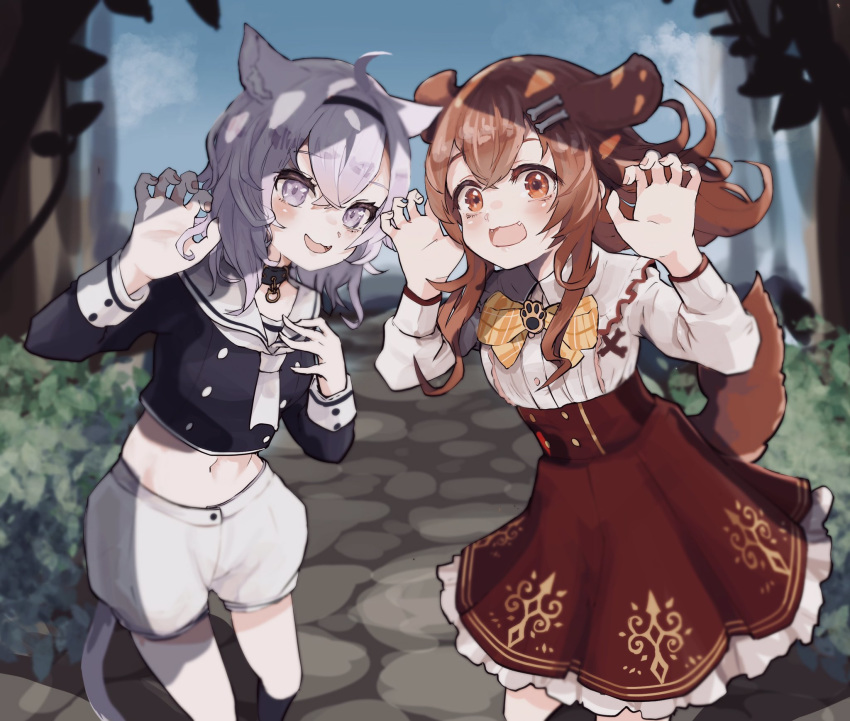 2girls :d ahoge animal_ear_fluff animal_ears black_choker black_shirt blush bone_hair_ornament bow bowtie braid breasts brown_hair bush cat_ears cat_tail choker claw_pose commentary cowboy_shot crop_top cropped_shirt day dog_ears dog_girl dog_tail domaso_(sowdma2) fangs floating_hair hair_between_eyes hair_ornament hairband high-waist_skirt highres hololive inugami_korone inugami_korone_(street) light_purple_hair long_hair long_sleeves looking_at_viewer midriff multiple_girls navel nekomata_okayu nekomata_okayu_(casual) official_alternate_costume open_mouth orange_bow orange_bowtie outdoors path plaid_neckwear purple_eyes red_eyes red_skirt sailor_collar school_uniform serafuku shirt short_hair short_shorts shorts side_braids skirt small_breasts smile tail thighs tree twin_braids virtual_youtuber white_shirt white_shorts wing_collar