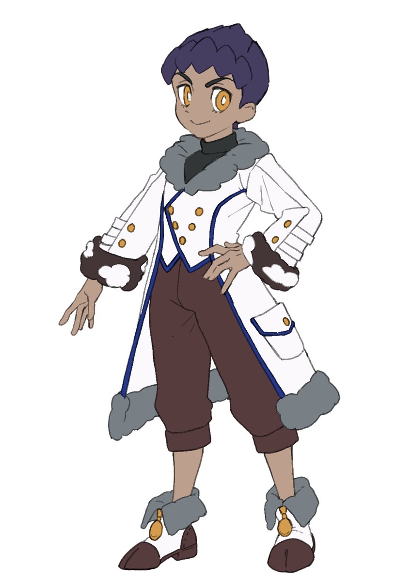 1boy alternate_costume bright_pupils brown_pants buttons capri_pants closed_mouth coat commentary_request dark-skinned_male dark_skin full_body fur_trim hand_on_own_hip highres hop_(pokemon) komame_(st_beans) long_sleeves male_focus pants pokemon pokemon_swsh protected_link purple_hair shirt shoes short_hair simple_background smile solo standing white_background white_coat white_pupils yellow_eyes