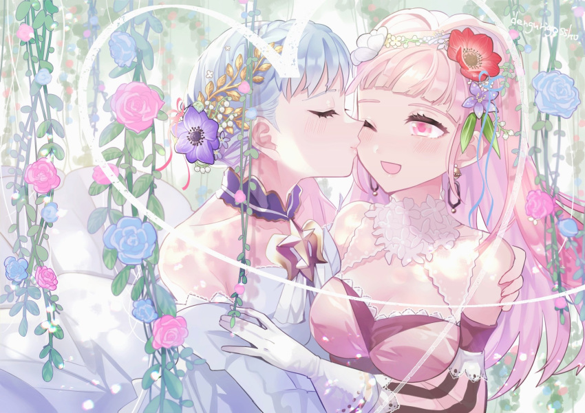 2girls artist_name blue_hair braid breasts bride cleavage closed_eyes closed_mouth commentary_request crown_braid dress earrings fire_emblem fire_emblem:_three_houses flower from_side gloves hair_flower hair_ornament highres hilda_valentine_goneril jewelry kissing kissing_cheek long_hair marianne_von_edmund multiple_girls one_eye_closed open_mouth pink_eyes pink_hair ponytail sakuramotikun upper_body wedding_dress white_gloves wife_and_wife yuri