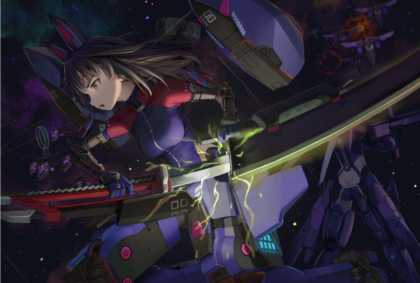 agatsuma_kaede alice_gear_aegis ass_cutout black_eyes black_hair butt_crack clothing_cutout commentary_request female gun headgear hirasaka_yotsuyu holding holding_gun holding_sword holding_weapon mecha_musume pink_hair solo space sunga2usagi sword weapon