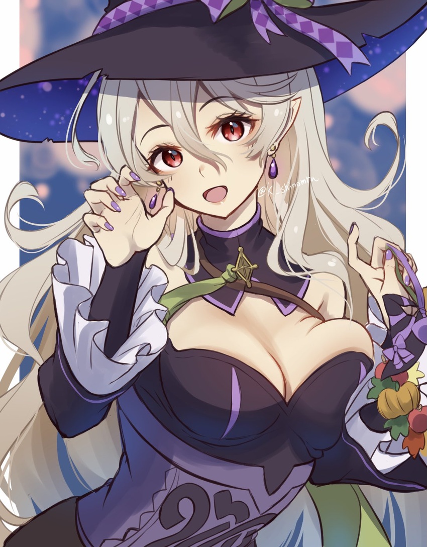 breasts cleavage corrin_(female)_(fire_emblem) corrin_(female)_(halloween)_(fire_emblem) corrin_(fire_emblem) dress earrings female fire_emblem fire_emblem_fates fire_emblem_heroes hair_between_eyes halloween halloween_costume hat highres jewelry karashino long_hair looking_at_viewer official_alternate_costume open_mouth pointy_ears purple_nails red_eyes solo twitter_username upper_body white_hair witch witch_hat