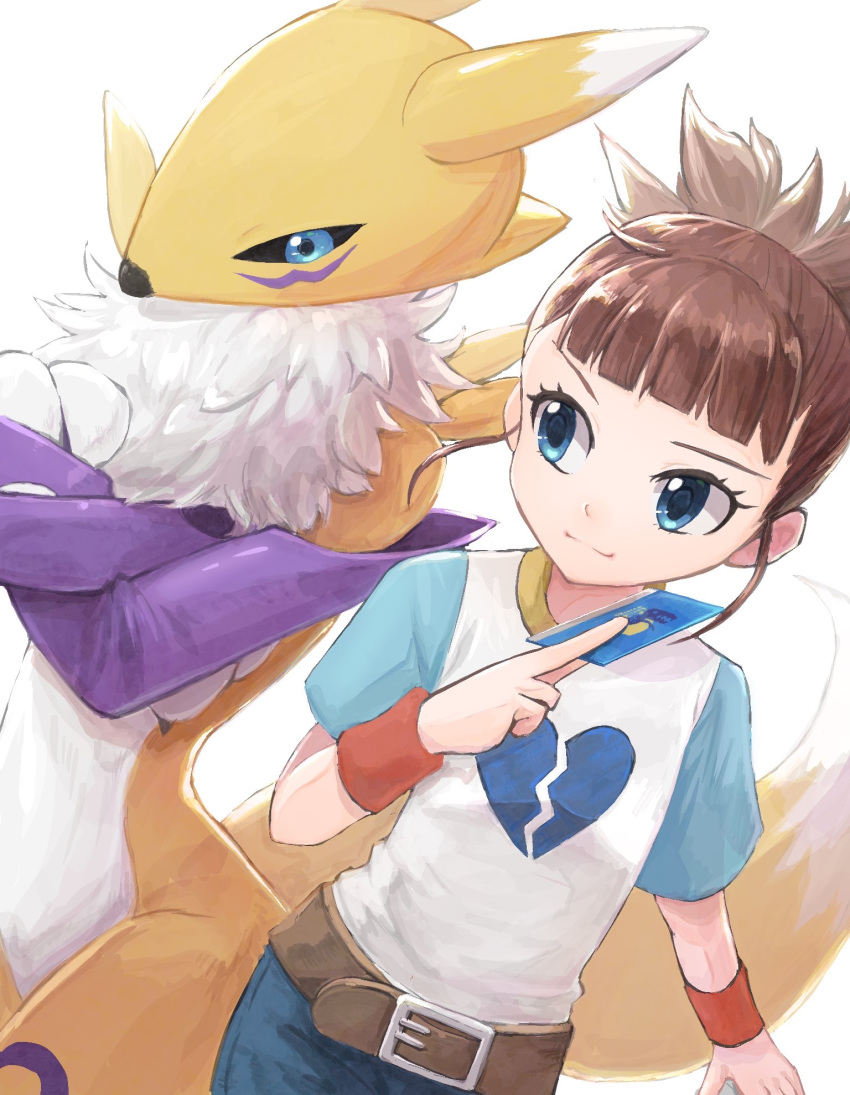 belt blue_eyes broken_heart_print brown_hair card commentary digimon digimon_(creature) digimon_tamers female highres makino_ruki ponytail raglan_sleeves renamon shinbiko simple_background smile white_background