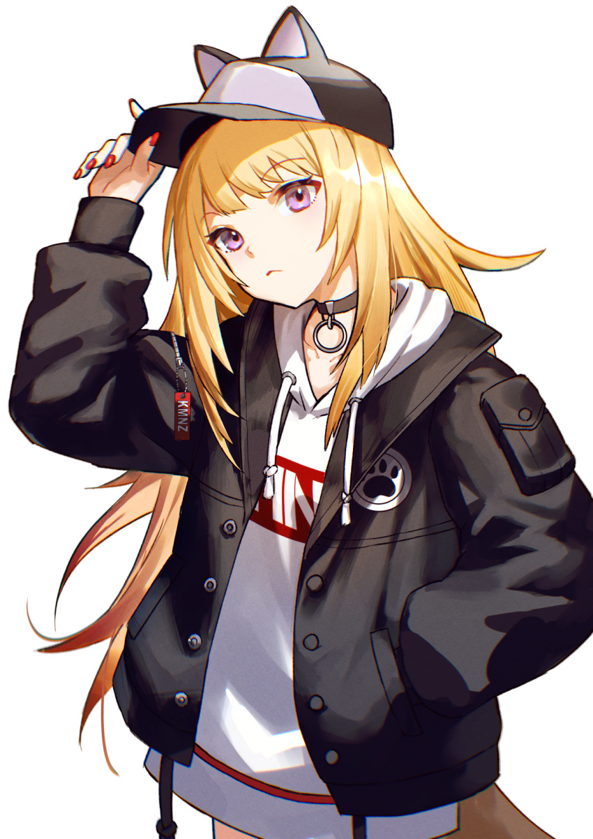 adjusting_clothes adjusting_headwear animal_ears animal_hat black_choker black_jacket blonde_hair choker closed_mouth commentary dog_ears dog_girl dog_hat dog_tail drawstring english_commentary female hat hat_with_ears highres hood hood_down hoodie jacket kmnz long_hair long_sleeves looking_at_viewer mc_lita paw_print pendant_choker purple_eyes red_nails solo tail tsugu0302 upper_body virtual_youtuber white_background white_hoodie