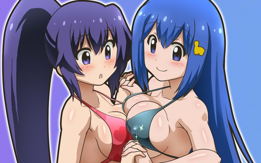 2girls :d alpaca_hair_ornament awa bandou_marimo blue_eyes blue_hair blush breasts cleavage closed_mouth hair_ornament long_hair looking_at_viewer multiple_girls open_mouth oshimoto_yuri ponytail purple_eyes purple_hair simple_background smile swimsuit teekyuu