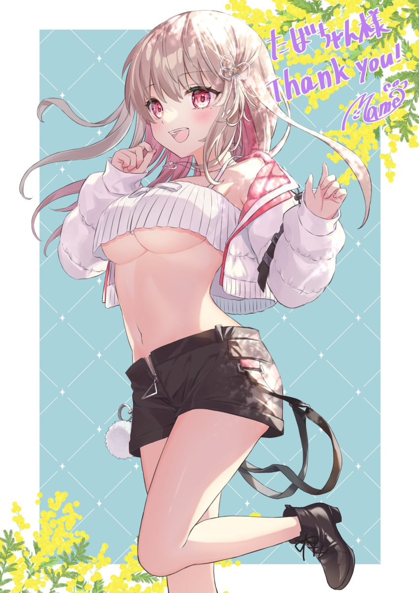 ayaginu_temari black_footwear black_shorts breasts brown_hair colored_inner_hair crop_top crop_top_overhang cropped_jacket female floating_hair flower flower_knot hair_ribbon hands_up highres isekai_tensei_shite_v_ni_narimashita jacket jewelry leg_up long_hair long_sleeves looking_at_viewer medium_breasts midriff mimosa_(flower) minamoto_mamechichi mole mole_under_eye multicolored_hair navel necklace off_shoulder open_clothes open_fly open_jacket open_mouth pink_hair red_eyes ribbed_shirt ribbon shirt shoes short_shorts shorts sleeveless sleeveless_shirt smile solo spaghetti_strap standing standing_on_one_leg stomach thighs underboob virtual_youtuber white_jacket white_shirt yellow_flower