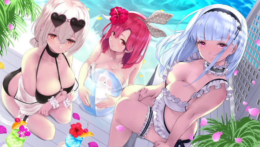 3girls arms_under_breasts azur_lane bare_shoulders between_breasts bikini black_bikini black_prince_(azur_lane) black_prince_(white_princess)_(azur_lane) blue_hair breast_press breasts butt_crack choker cleavage collar day dido_(azur_lane) eyewear_on_head flower frilled_bikini frills hair_flower hair_ornament hairband hand_on_own_thigh kneeling large_breasts looking_at_viewer multiple_girls o-ring o-ring_bikini o-ring_top official_alternate_costume outdoors parted_bangs pink_eyes red_eyes red_hair rin2008 see-through sirius_(azur_lane) sirius_(scorching-hot_seirios)_(azur_lane) sitting smile sunglasses swimsuit thick_thighs thigh_strap thighs water white_bikini white_hair