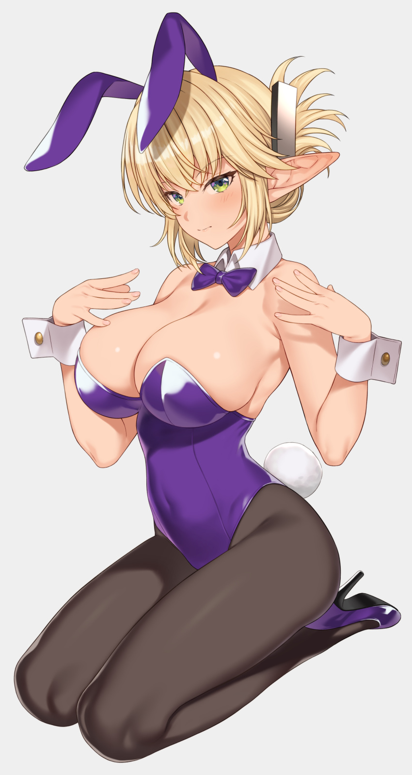 absurdres aegis_(takunomi) animal_ears bare_shoulders black_pantyhose blonde_hair bow bowtie breasts cleavage closed_mouth commentary_request detached_collar elf enjo_kouhai fake_animal_ears female folded_ponytail full_body green_eyes grey_background high_heels highres large_breasts leotard looking_at_viewer pantyhose playboy_bunny pointy_ears purple_bow purple_leotard rabbit_ears rabbit_tail seiza simple_background sitting solo strapless strapless_leotard tail takunomi wrist_cuffs