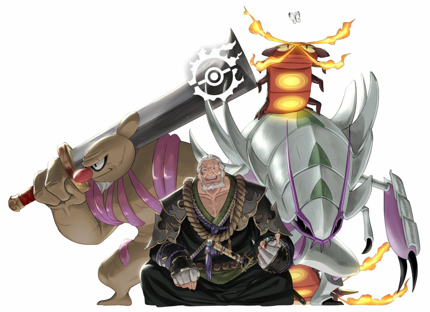 1boy armor bara beard centiskorch chest_hair commentary conkeldurr crossed_legs crossover facial_hair final_fantasy final_fantasy_xiv full_beard golisopod gosetsu_daito highres holding holding_poke_ball japanese_clothes kimono large_pectorals male_focus mature_male muscular muscular_male old old_man over_shoulder pauldrons pectoral_cleavage pectorals pencil_as_mustache poke_ball pokemon pokemon_(creature) potion_lilac samurai_(final_fantasy) short_hair shoulder_armor smile sword sword_over_shoulder thick_beard vambraces weapon weapon_over_shoulder white_background white_hair wrinkled_skin