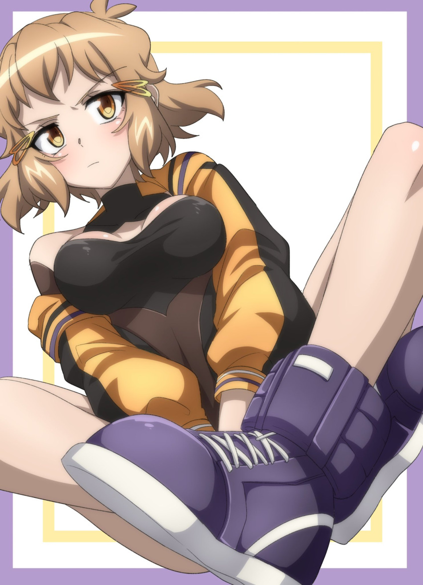 blush border breasts brown_eyes brown_hair cleavage closed_mouth collarbone commentary_request female hair_ornament hairclip highres jacket medium_breasts purple_border senki_zesshou_symphogear senki_zesshou_symphogear_xd_unlimited shiny_skin short_hair simple_background solo tachibana_hibiki_(symphogear) tachibana_hibiki_(symphogear)_(another) track_jacket white_background yukitsuba_hina