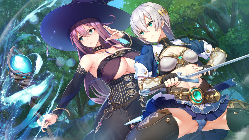 armor blue_eyes cameltoe choker dahlia game_cg hat inui_waon isekai_sakaba_no_sextet long_hair mage magic no_bra panties purple_hair qureate short_hair skirt_lift staff sword underwear veronica_(isekai_sakaba_no_sextet) weapon white_hair witch_hat