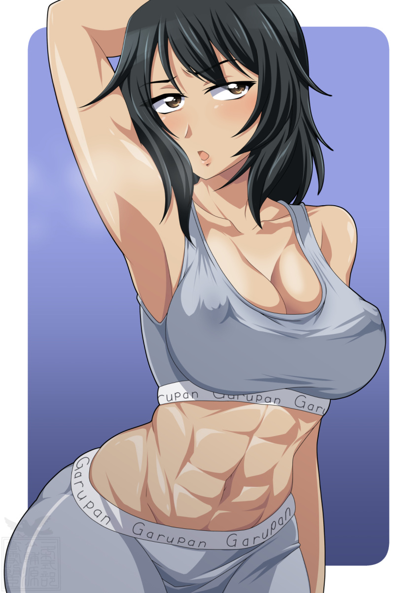 abs andou_(girls_und_panzer) arm_behind_head arm_up armpits artist_logo bike_shorts black_eyes black_hair blue_background blush breasts brown_eyes cleavage commentary covered_nipples cowboy_shot dark-skinned_female dark_skin female frown girls_und_panzer grey_shorts grey_sports_bra half-closed_eyes highres ichijou_takakiyo large_breasts looking_at_viewer medium_hair messy_hair muscular muscular_female navel open_mouth outside_border presenting_armpit rounded_corners shorts solo sports_bra standing