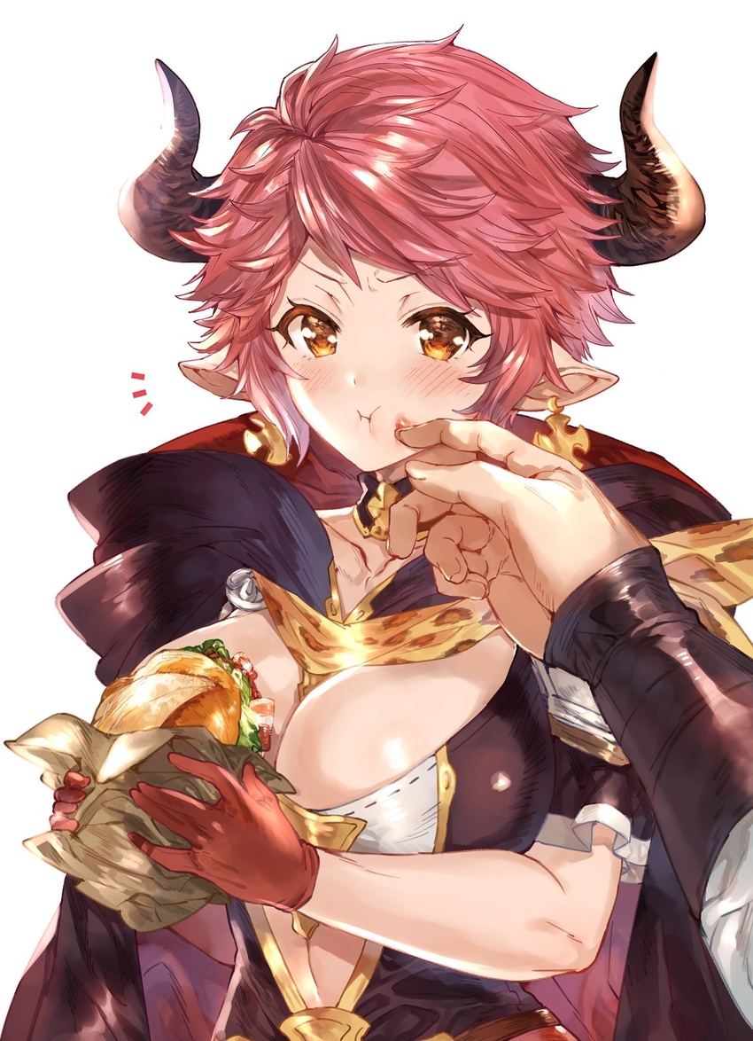 1boy animal_print annoyed blush breasts burger cape cleavage closed_mouth clothing_cutout collarbone cross cross_earrings cross_patty cygames detached_collar drang_(granblue_fantasy) draph earrings eno_yukimi erune female finger_to_mouth food food_in_mouth food_on_face gloves granblue_fantasy highres holding holding_food hood hood_down horns jewelry large_breasts leopard_print long_sleeves looking_at_viewer out_of_frame pink_hair pointy_ears red_cape short_hair short_sleeves sidelocks simple_background stomach_cutout sturm_(granblue_fantasy) upper_body white_background wiping_face yellow_eyes