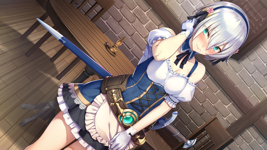 blue_eyes blush choker dahlia game_cg gloves inui_waon isekai_sakaba_no_sextet maid qureate ribbons short_hair sword waitress weapon white_hair