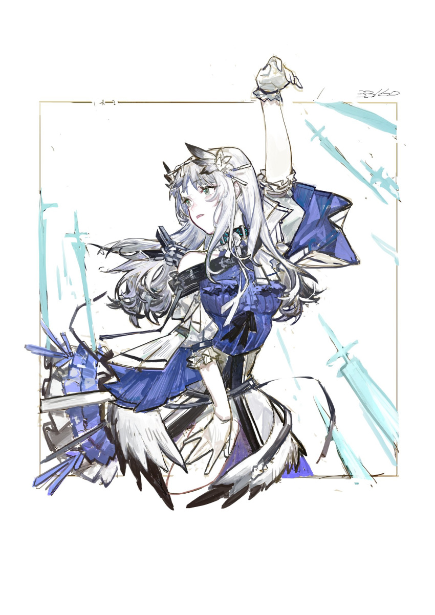 arknights arm_up bare_shoulders bibeak_(arknights) blue_dress breasts commentary cropped_legs dress feather_hair female gloves grey_eyes hair_ornament highres long_hair looking_away looking_to_the_side off-shoulder_dress off_shoulder open_mouth outside_border pipidan short_sleeves sidelocks simple_background solo upper_body white_background white_gloves white_hair