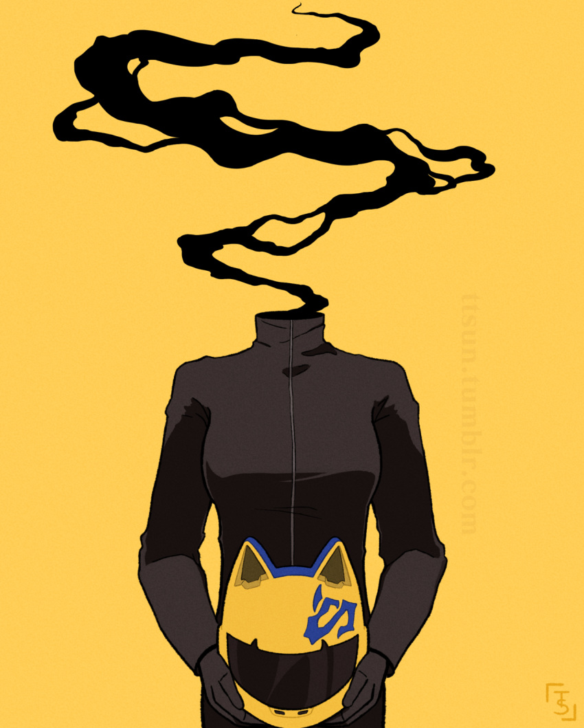 animal_ears animal_helmet black_bodysuit blue_eyes bodysuit breasts cat_ears celty_sturluson dullahan durarara!! female gloves headless headwear_removed helmet helmet_removed highres holding holding_helmet looking_at_viewer medium_breasts mole motorcycle_helmet simple_background solo ttsun tumblr_username yellow_background