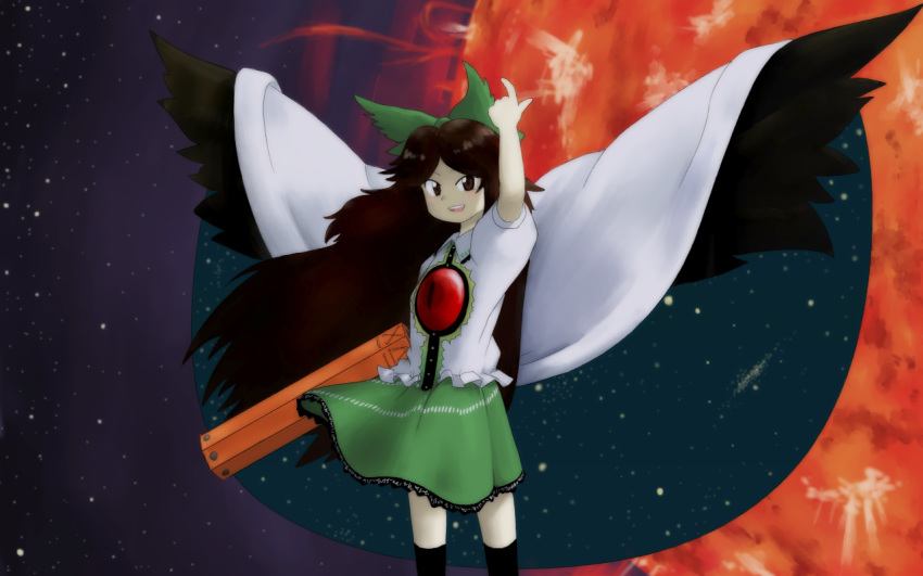 :d arm_up bird_wings black_socks black_wings bow brown_eyes brown_hair cape collared_shirt control_rod feathered_wings female green_bow green_skirt hairbow kani_onigiri_(shottare) kneehighs legs_apart long_hair looking_at_viewer miniskirt official_style open_mouth parody parted_bangs puffy_short_sleeves puffy_sleeves reiuji_utsuho shirt short_sleeves skirt smile socks solo space star_(sky) style_parody sun teeth third_eye touhou very_long_hair white_cape white_shirt wings zun_(style)