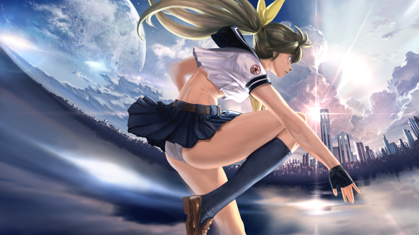 ass bow brown_hair city cloud female fingerless_gloves gloves grey_panties hairbow highres kneehighs loafers long_hair m.u.g.e.n midriff oggy original panties ponytail ryuuko_(oggy) school_uniform serafuku shoes sky solo tagme underwear