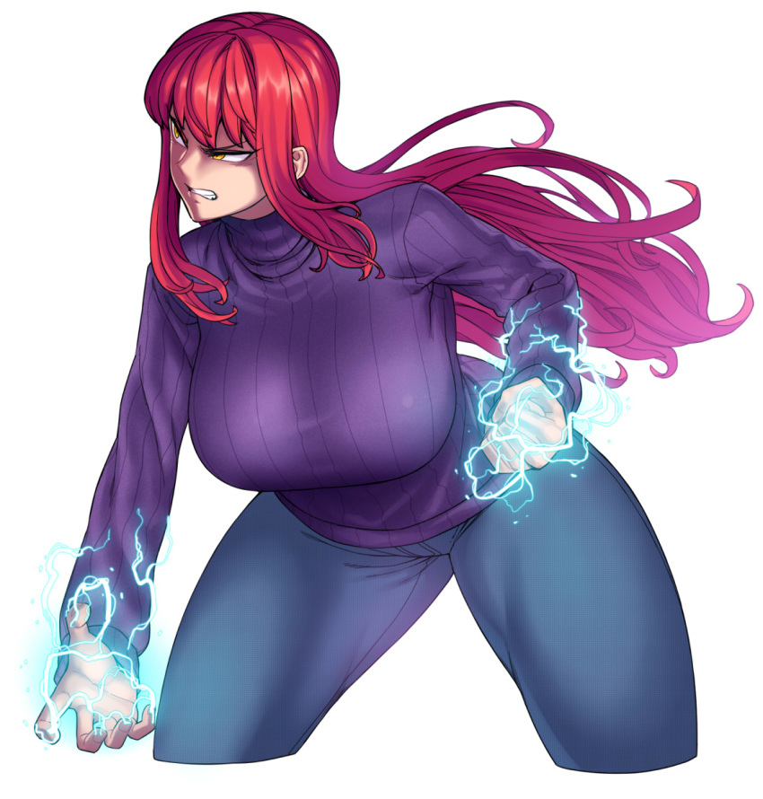 biriri_(spacezin) breasts clenched_hand cropped_legs denim electricity female highres huge_breasts jeans leaning_forward long_hair pants personification pokemon powering_up purple_sweater red_hair ribbed_sweater solo spacezin sweater teeth thick_thighs thighs tsurime turtleneck voltorb yellow_eyes