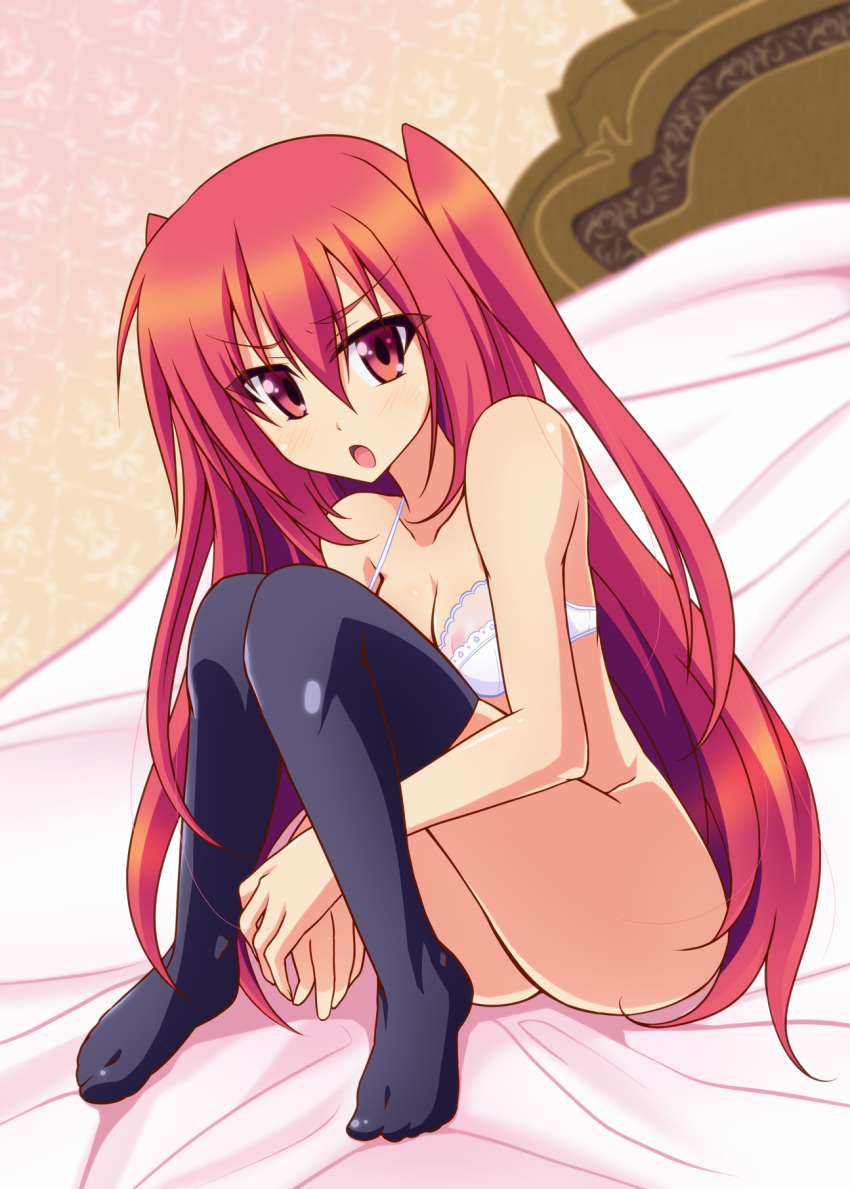 :o bad_id bad_pixiv_id bed black_thighhighs bottomless bra breasts claire_rouge cleavage collarbone dutch_angle female full_body hair_between_eyes highres hugging_own_legs justy long_hair looking_at_viewer medium_breasts on_bed red_eyes red_hair seirei_tsukai_no_blade_dance shiny_skin sitting solo thighhighs twintails underwear underwear_only very_long_hair white_bra