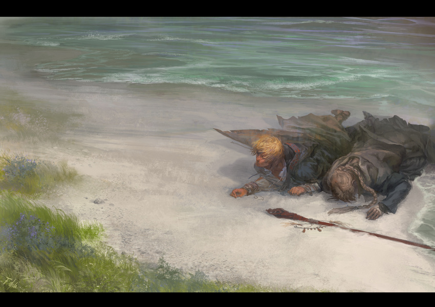 2boys arren beach blonde_hair boots braid brown_hair cloak commentary_request day drawstring flyukishila ged gedo_senki gem grass letterboxed long_hair long_sleeves looking_away lying male_focus multiple_boys nature ocean on_ground on_stomach photoshop_(medium) robe sand shirt shore side-by-side single_braid sparrowhawk staff unconscious white_shirt