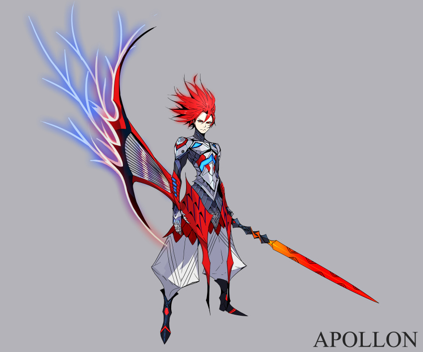 1boy absurdres apollo_(mythology) arm_blade armor character_name commentary_request full_body glowing glowing_hair greek_mythology grey_background highres looking_at_viewer male_focus mecha_danshi official_art orange_eyes palow photoshop_(medium) plate_armor red_hair serious shinwa_sousei_rpg_amadeus solo sword weapon