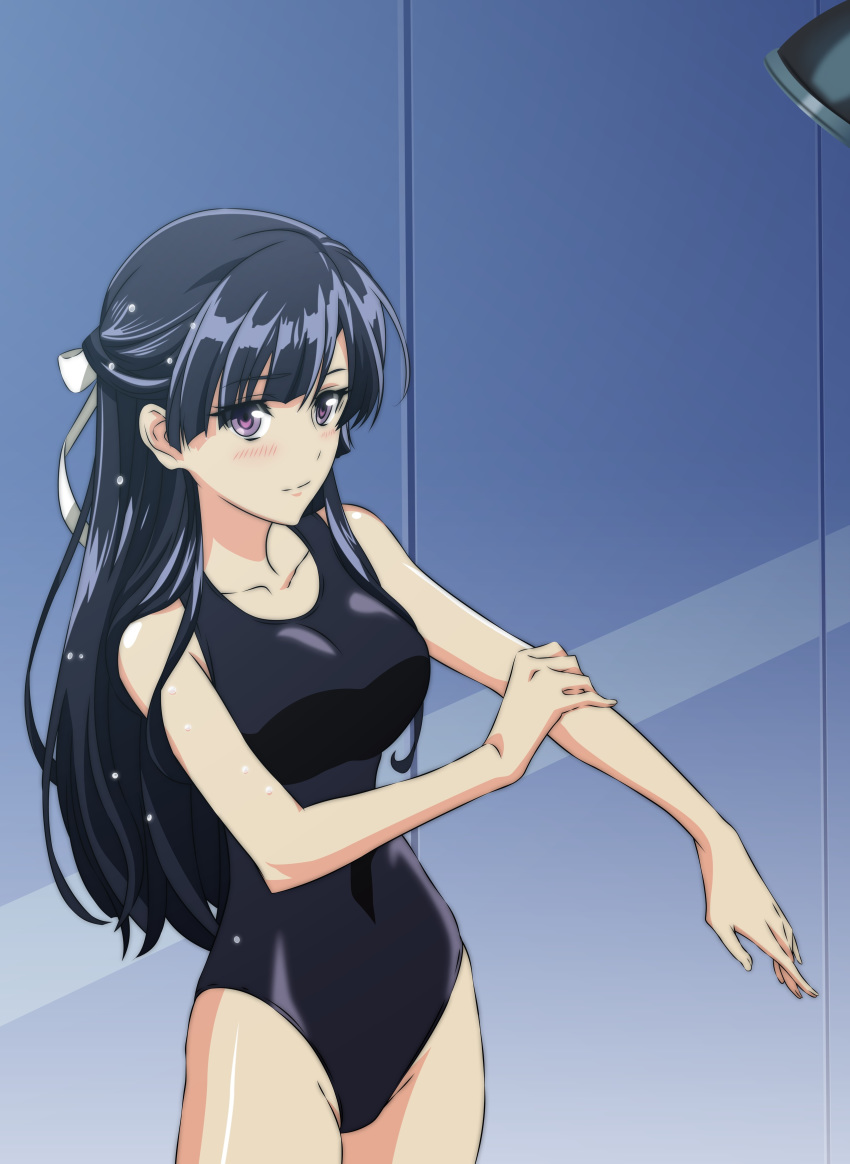 absurdres bangs black_hair black_school_swimsuit blush breasts collarbone cowboy_shot eyebrows_visible_through_hair female hair_ribbon highres indoors kakumeiki_valvrave long_hair medium_breasts purple_eyes ribbon rukino_saki school_swimsuit shiny shiny_hair shiny_skin smile solo standing swimsuit very_long_hair wet white_ribbon