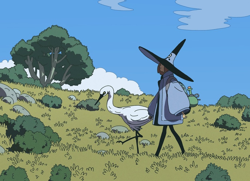 bird blue_sky bush cloud cloudy_sky commentary day egret_(animal) english_commentary female hat little_egret long_sleeves original outdoors plant profile sky smile tree varguyart walking white_bird wide_sleeves witch witch_hat