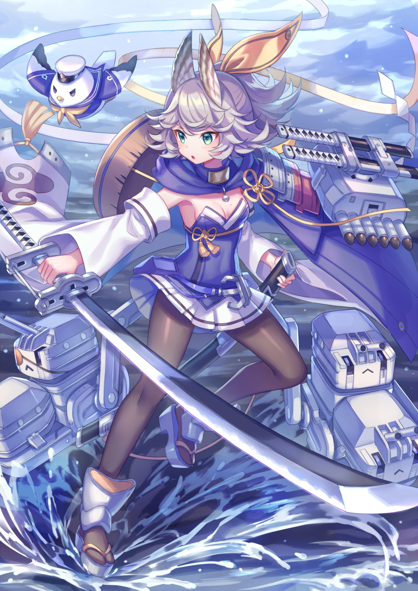 absurdres animal armor armpits azur_lane bird black_pantyhose bow breasts cannon cleavage clothed_animal commentary detached_sleeves female flower_knot full_body green_eyes grey_hair hairbow hat highres holding holding_sheath holding_sword holding_weapon japanese_armor katana kitakaze_(azur_lane) long_sleeves looking_away looking_to_the_side miniskirt mole mole_on_breast ocean pantyhose pleated_skirt sailor_collar sailor_shirt scabbard sheath shide shirt short_hair shoulder_armor skirt small_breasts sode solo standing standing_on_liquid suzaku_(zaku6584) sword tassel torpedo_tubes water waving weapon wide_sleeves