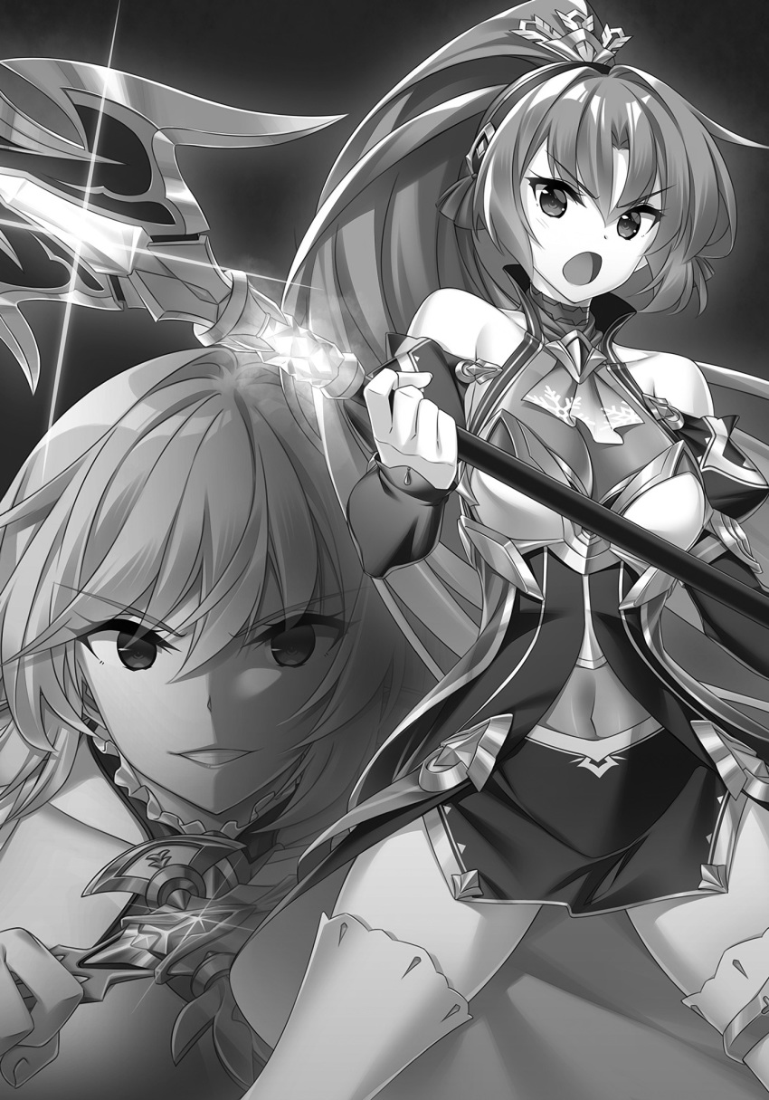 2girls :o black_sleeves collarbone covered_navel detached_sleeves eleonora_viltaria floating_hair greyscale grin hair_between_eyes high_ponytail highres holding holding_sword holding_weapon long_hair long_sleeves ludmila_lourie madan_no_ou_to_michelia miniskirt miyatsuki_itsuka monochrome multiple_girls non-web_source novel_illustration official_art side_slit skirt smile standing sword thighhighs v-shaped_eyebrows very_long_hair weapon zettai_ryouiki