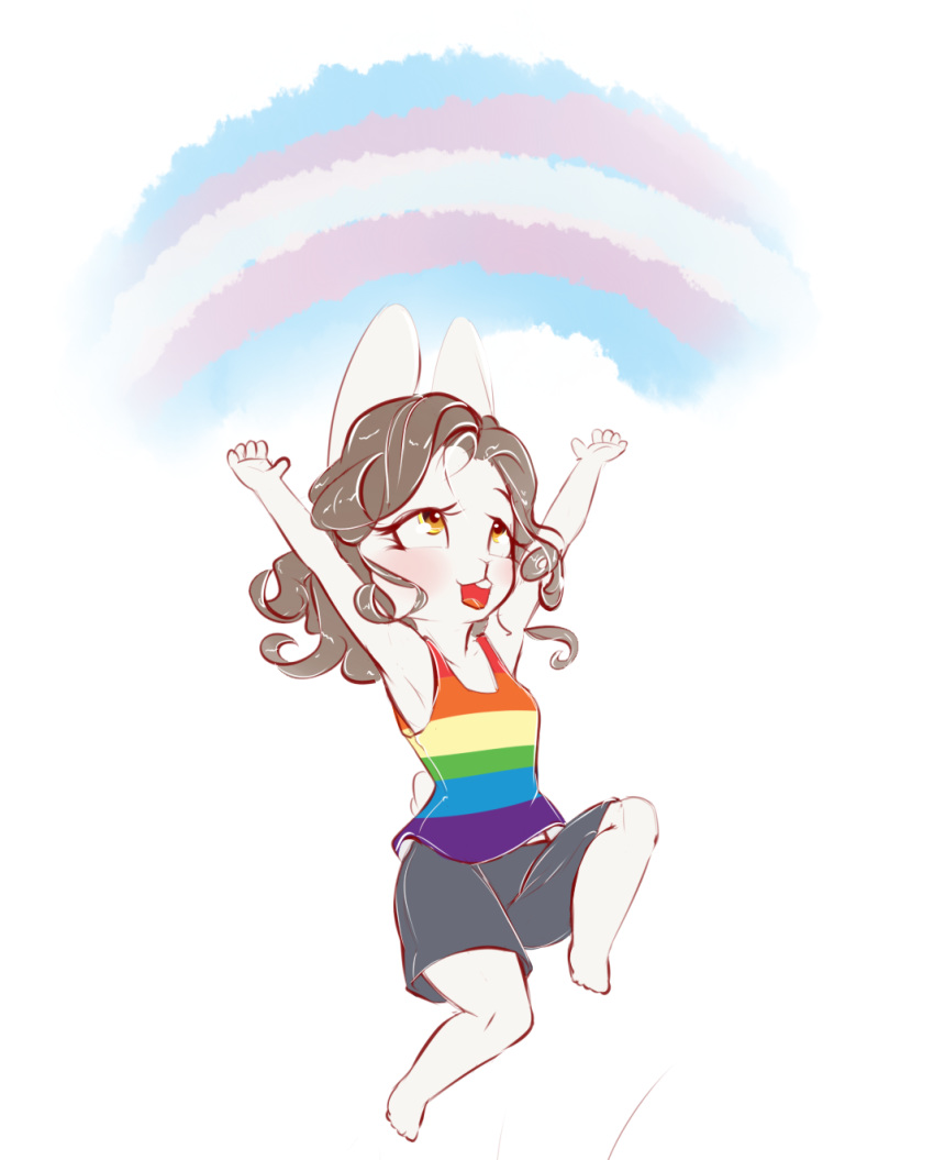 2019 5_fingers alasou alissa_(alasou) anthro bent_legs brown_hair clothed clothing digital_media_(artwork) extended_arms female fingers hair hi_res lagomorph leporid lgbt_pride mammal multicolored_clothing multicolored_shirt multicolored_tank_top multicolored_topwear pattern_clothing pride_color_background pride_color_clothing pride_color_shirt pride_color_tank_top pride_color_topwear pride_colors rabbit rainbow_clothing rainbow_pride_clothing rainbow_pride_colors rainbow_shirt rainbow_symbol rainbow_topwear raised_arms raised_hand shirt simple_background six-stripe_rainbow_pride_colors smile solo striped_clothing stripes tank_top topwear transgender_pride_colors yellow_eyes