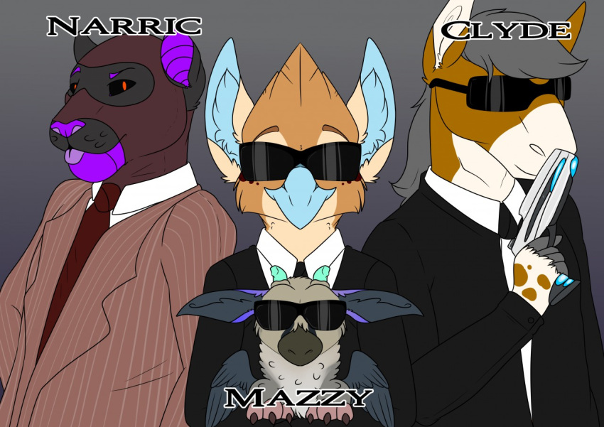 2019 ambiguous_gender anthro avian beak chimera clothed clothing confuzzled demon digital_media_(artwork) equid equine eyewear feathered_wings feathers felid feline female feral fur group grumpy_griffin_creations gryphon hair half-beak horn husband_and_wife hybrid japan_studio_(game_developer) looking_at_viewer male mammal married_couple mazzy_techna men_in_black mythological_avian mythological_creature mythology narric_techna necktie simple_background size_difference smaller_female smile sony_corporation sony_interactive_entertainment spy_(team_fortress_2) suit sunglasses team_fortress_2 the_last_guardian trico_(species) trico_(the_last_guardian) valve weapon wings