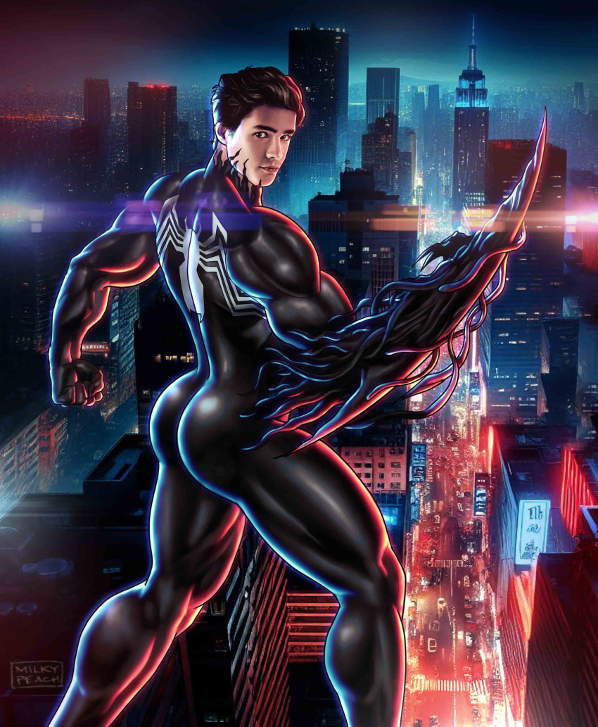 1boy actor ass biceps brenton_thwaites butt caucasian caucasian_male celebrity city clothed crossover dc dc_comics dick_grayson in_character looking_back male male_focus male_only marvel milkypeach232 muscles muscular muscular_male nightwing posing solo solo_focus symbiote thick_thighs titans venom_(marvel)