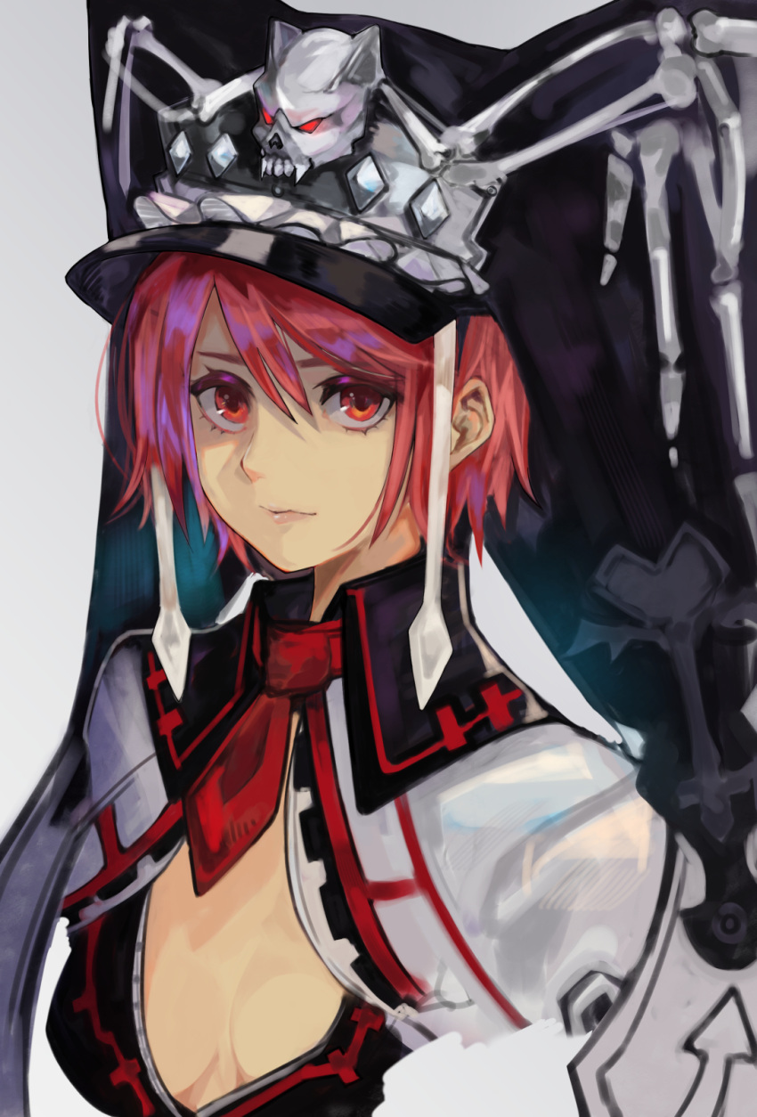 breasts cleavage clothing_cutout female guilty_gear guilty_gear_2 hair_between_eyes hat highres levvellevvel looking_at_viewer medium_breasts necktie red_eyes red_hair red_necktie shaded_face short_hair skull_ornament solo upper_body valentine_(guilty_gear)