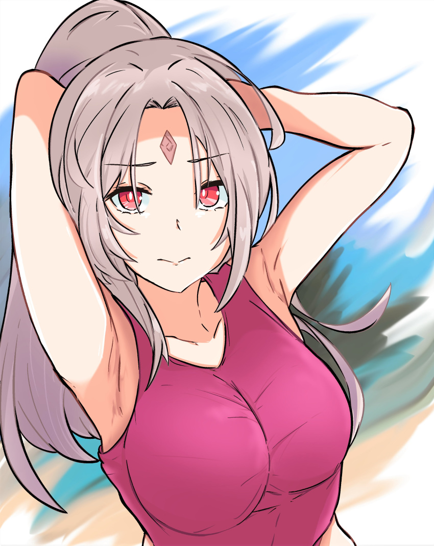 absurdres alternate_costume armpits arms_behind_head arms_up breasts english_commentary female fire_emblem fire_emblem_heroes grey_hair high_ponytail highres large_breasts looking_at_viewer one-piece_swimsuit pink_one-piece_swimsuit plumeria_(fire_emblem) red_eyes solo swimsuit tavi_(hosheezus)