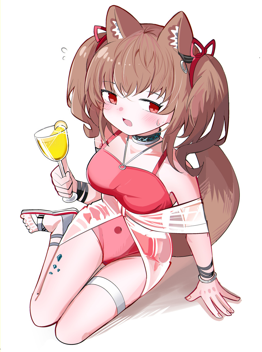 absurdres angelina_(arknights) angelina_(summer_flower)_(arknights) animal_ear_fluff animal_ears arknights arm_support bare_shoulders blush breasts brown_hair collarbone commentary_request cup drink drinking_glass female flying_sweatdrops food fruit full_body hair_ribbon highres holding holding_cup lemon lemon_slice medium_breasts one-piece_swimsuit open_mouth red_eyes red_one-piece_swimsuit red_ribbon ribbon sandals see-through shadow simple_background sitting solo spam_(spamham4506) swimsuit tail thigh_gap thigh_strap twintails white_background white_footwear yokozuwari