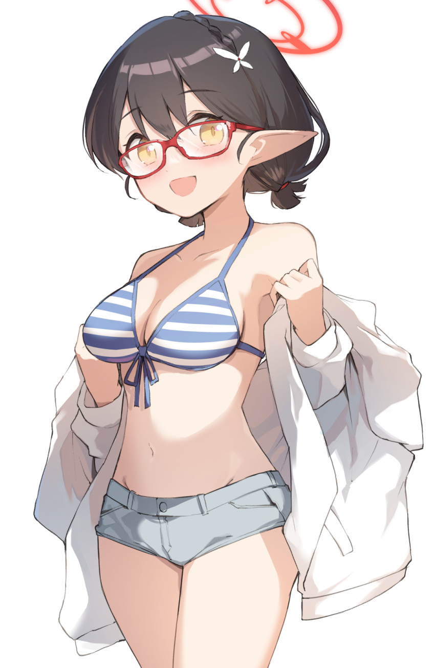 alternate_costume ayane_(blue_archive) ayane_(swimsuit)_(blue_archive) bare_shoulders bikini bikini_top_only black_hair blue_archive blue_bikini braid breasts cleavage collarbone crown_braid denim denim_shorts female glasses grey_shorts hair_between_eyes hair_ornament halo halterneck highres jacket looking_at_viewer low_twintails medium_breasts micro_shorts miya_kazutomo navel off_shoulder official_alternate_costume pointy_ears rectangular_eyewear red-framed_eyewear red_halo short_hair short_twintails shorts simple_background solo striped_bikini striped_clothes swimsuit thighs twintails white_background white_jacket yellow_eyes