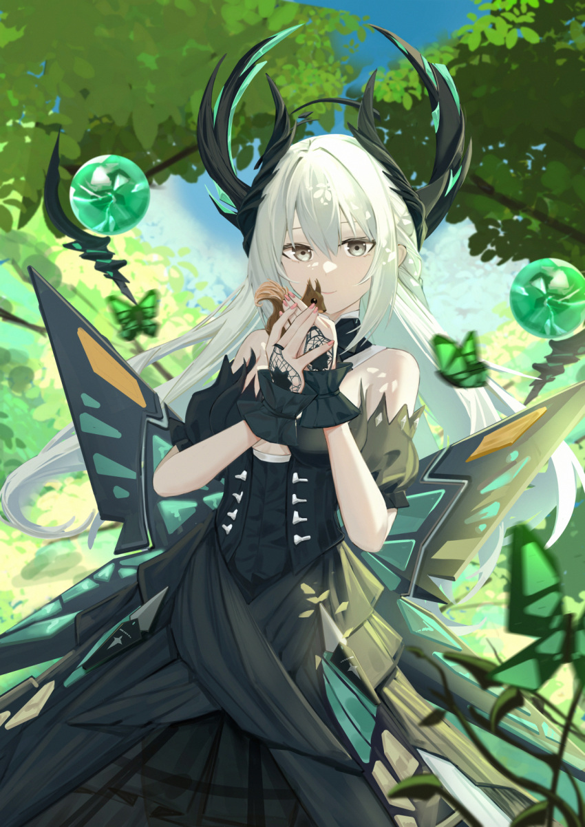 animal bare_shoulders black_dress branch breasts bug butterfly butterfly_wings cowboy_shot crystal_ball detached_collar double-parted_bangs dress female floating floating_object forest green_butterfly grey_eyes headgear highres holding holding_animal insect_wings liv:_empyrea_(dreamcatcher)_(punishing:_gray_raven) liv:_empyrea_(punishing:_gray_raven) liv_(punishing:_gray_raven) long_hair looking_at_viewer mechanical_wings nature orb outdoors panluo plant punishing:_gray_raven smile squirrel strapless strapless_dress tree underboob vines white_hair wing_hair_ornament wings wrist_cuffs