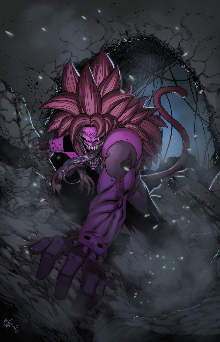 1boy all_fours colored_skin crazy_smile dragon_ball dragon_ball_heroes english_commentary fin_(dragon_ball) fusion gogeta highres hole_in_wall long_hair looking_at_viewer male_focus multicolored_skin muscular muscular_male purple_hair purple_skin rubble saliva sharp_teeth signature smile somegfguy tail teeth two-tone_skin very_long_hair yellow_eyes