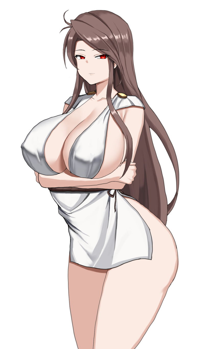 ainmqa35 alternate_costume arms_under_breasts breasts brown_hair cleavage commission dress expressionless female fire_emblem fire_emblem:_mystery_of_the_emblem fire_emblem:_new_mystery_of_the_emblem highres huge_breasts long_hair looking_at_viewer mature_female pixiv_commission red_eyes sheena_(fire_emblem) side_slit sideboob solo thighs toga very_long_hair white_background