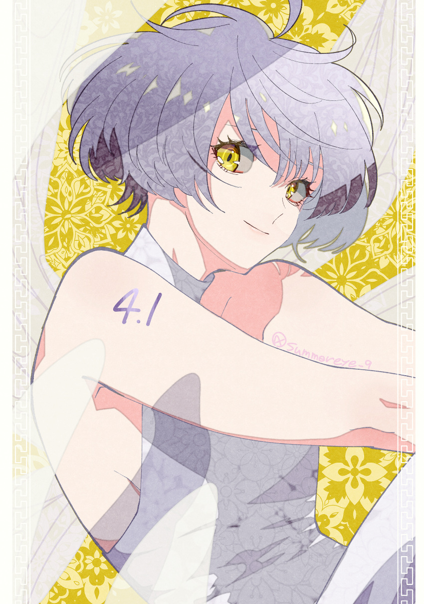 absurdres act-age bare_shoulders breasts closed_mouth dress feet_out_of_frame female grey_hair highres light_smile looking_at_viewer momoshiro_chiyoko parted_lips ramen_noodles short_hair sitting solo upper_body white_dress yellow_eyes