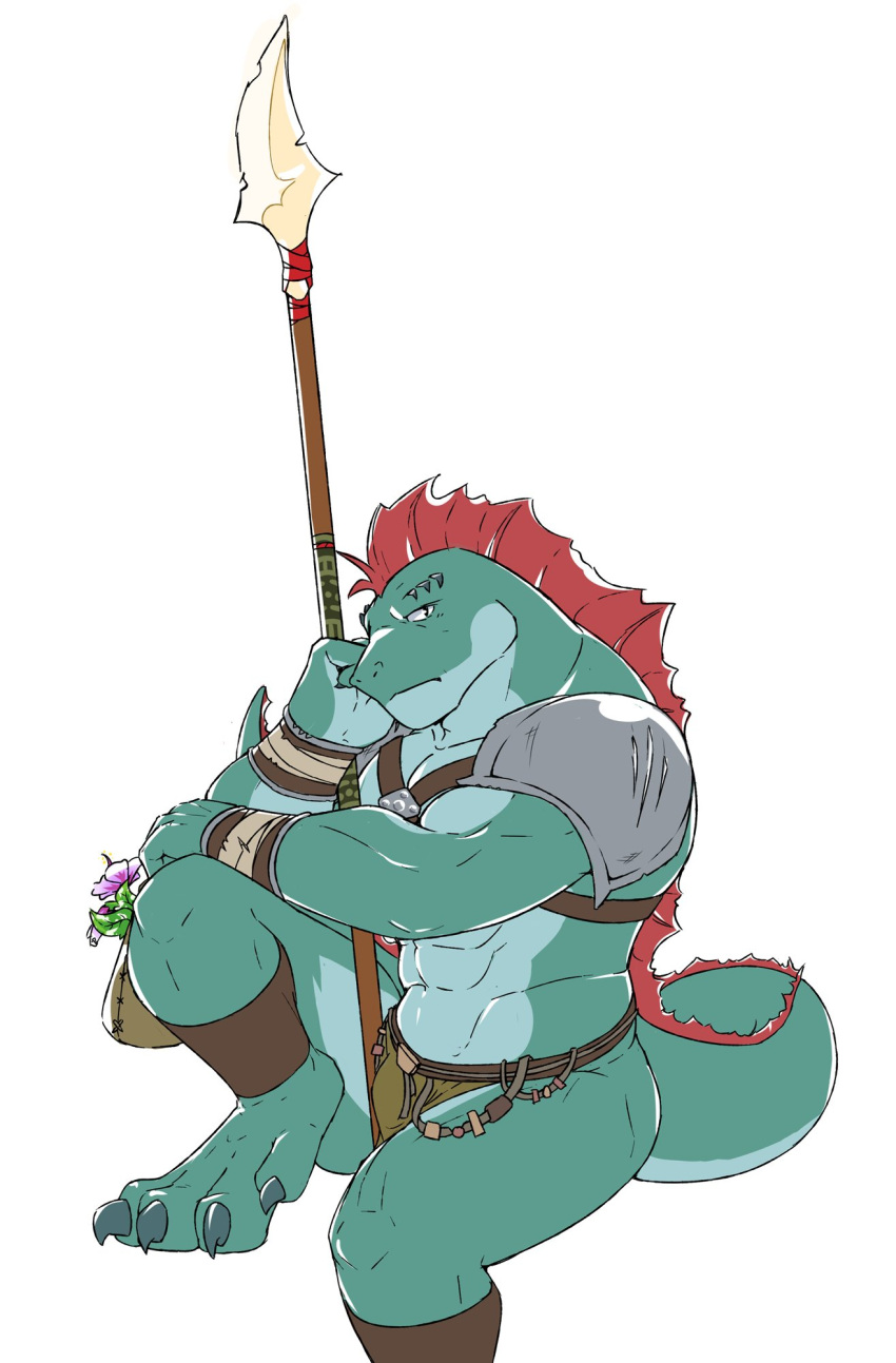 abs anthro green_body hi_res judicatorkoo lizardfolk_(lustful_desires) lizardman lustful_desires male melee_weapon muscular muscular_anthro muscular_male polearm rhot_(lustful_desires) scalie solo spear tail weapon