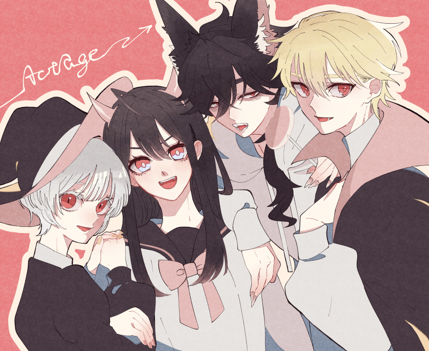 2boys 2girls absurdres act-age animal_ears black_cloak black_dress black_hair black_hat blonde_hair candy cloak copyright_name demon_horns dress fangs fingernails food halloween halloween_costume hand_on_own_shoulder hat highres holding holding_candy holding_food hood hoodie horns hoshi_akira long_hair long_sleeves looking_at_viewer momoshiro_chiyoko multiple_boys multiple_girls myoujin_araya open_mouth ramen_noodles red_background red_eyes school_uniform short_hair smile standing vampire_costume white_hair white_hoodie witch witch_hat yonagi_kei