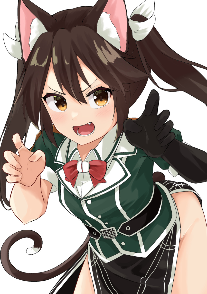 absurdres animal_ears bow bowtie brown_eyes brown_hair cat_ears cat_tail commentary_request curled_fingers elbow_gloves female gloves green_shirt hair_between_eyes hair_ribbon highres kantai_collection leaning_forward long_hair oerba_yun_fang osmium-76 pelvic_curtain red_bow red_bowtie ribbon shirt side_slit simple_background single_elbow_glove solo tail tone_(kancolle) tone_kai_ni_(kancolle) twintails white_background white_ribbon