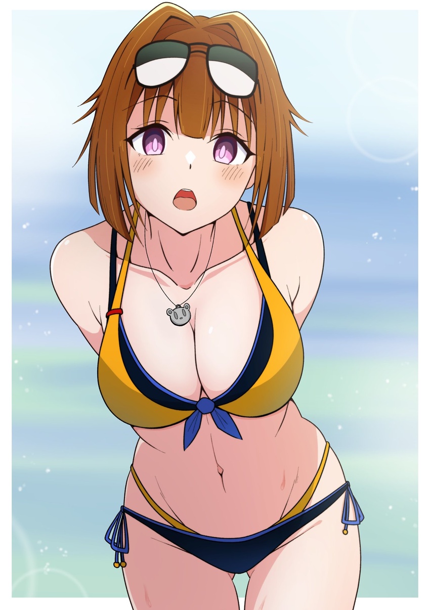 arms_behind_back ass_visible_through_thighs bear_necklace bikini blue_bikini blush breasts brown_hair collarbone commentary_request cowboy_shot day eyewear_on_head female front-tie_top girls'_frontline gotoo grizzly_mkv_(girls'_frontline) halterneck highres large_breasts looking_at_viewer multicolored_clothes multicolored_swimsuit navel ocean open_mouth purple_eyes short_hair side-tie_bikini_bottom solo swimsuit teeth upper_teeth_only yellow_bikini