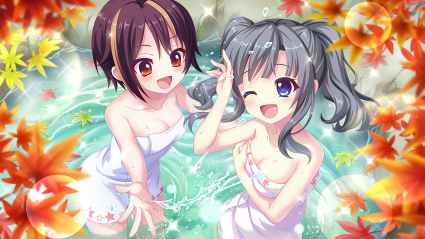 2girls :d ;d autumn_leaves bandou_mikuru black_hair blonde_hair blue_eyes blush breasts brown_hair cleavage collarbone dot_nose film_grain from_above game_cg hand_on_own_chest hand_up itsumura_yukari izumi_tsubasu leaf_on_liquid lens_flare medium_breasts medium_hair multicolored_hair multiple_girls naked_towel non-web_source official_art one_eye_closed onsen open_mouth print_towel re:stage! red_eyes short_hair sidelocks smile sparkle splashing star_(symbol) star_print streaked_hair towel twintails two-tone_hair wading wet white_towel