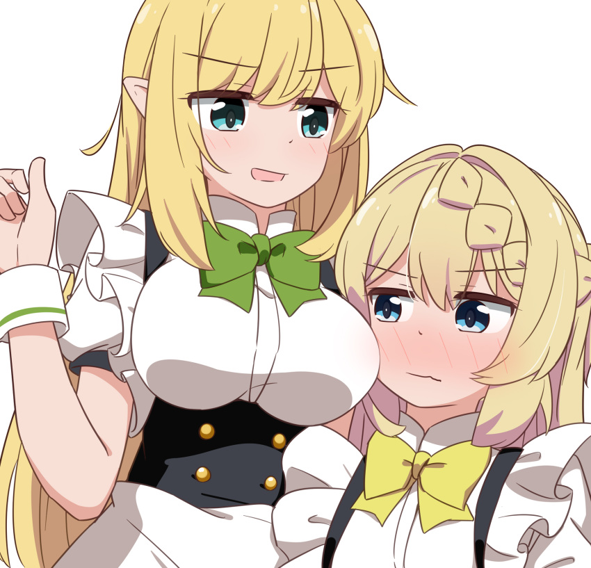 2girls aizawa_azusa black_corset blonde_hair blue_eyes blush bow bowtie braid breast_envy breasts closed_mouth corset dress elf eyebrows_hidden_by_hair full-face_blush green_bow green_bowtie halkara_(slime_taoshite_300_nen) highres large_breasts long_hair miruzawa_akechi multiple_girls open_mouth pointy_ears simple_background slime_taoshite_300_nen_shiranai_uchi_ni_level_max_ni_nattemashita upper_body very_long_hair waitress wavy_mouth white_background white_dress white_wrist_cuffs wrist_cuffs yellow_bow yellow_bowtie yuri