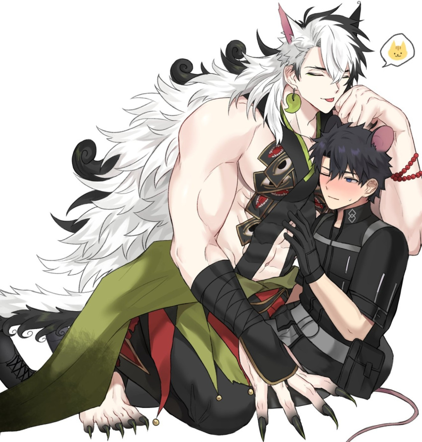 2boys animal_ears ashiya_douman_(fate) ashiya_douman_(second_ascension)_(fate) bead_bracelet beads black_footwear black_gloves black_hair black_pants black_shirt blue_eyes blush bracelet cat_ears cat_symbol cat_tail closed_eyes collarbone earrings fate/grand_order fate_(series) fingernails fujimaru_ritsuka_(male) fujimaru_ritsuka_(male)_(polar_chaldea_uniform) gloves hair_between_eyes highres jewelry large_pectorals long_hair magatama magatama_earrings male_focus mouse_ears mouse_tail multicolored_hair multiple_boys muscular muscular_male one_eye_closed pants pectorals red_bracelet seum_(kao_husband) sharp_fingernails sharp_toenails shirt short_hair simple_background split-color_hair spoken_animal squatting sweatdrop tail toenails very_long_hair white_background white_hair